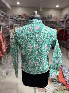 Green Floral Printed <b>Quilted</b> Cotton <b>Jacket</b> With Mandarin Collar Full Sleeve Autumn Women's Wear GIFT FOR HER - Product Image 6