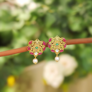Vintage Kemp Stud Earrings-Asscher Cut Zircon & Pearl 14K Gold Plated Alloy - Product Image 2