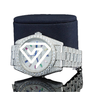 Montre de luxe entièrement sertie de moissanite, cadran arc-en-ciel, montre glacée de luxe, moissanite couleur D VVS, montre pour homme - Product Image 4