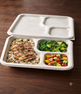 Barquette alimentaire compostable en bagasse à 3 compartiments avec couvercle pour plats à emporter et livraison - Product Image 1