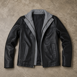 Blouson en cuir noir style Café Racer, coupe droite, hiver, deux poches zippées fonctionnelles, coupe-vent, respirant, 500g, service OEM professionnel - Product Image 1