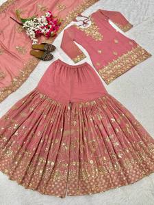 Indian Sequin Embroidered Sharara Gharara <b>Kurti</b> Set Pakistani Designer Ethnic Wear 3 Pcs Stitched Combo Georgette Fabric - Product Image 2