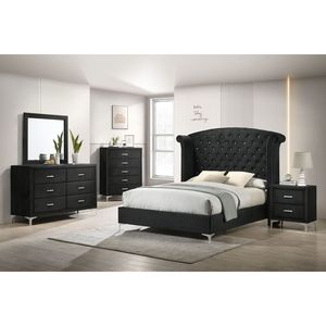 Elegante Testiera per Letto Queen Size con Bottoni e Schienale Alto, in Legno, Metallo e Tessuto Nero Imbottito, Arredamento Camera da Letto - Product Image 6