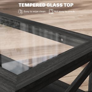 Tavolino da salotto nero con struttura in legno e piano in vetro temperato sotto il ripiano di stoccaggio - Product Image 4