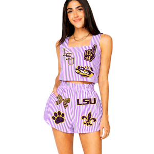 Ensemble short deux pièces rayé pour femme, idéal pour les matchs de football, avec logo brodé, tenue décontractée printemps-été, design respirant - Product Image 1
