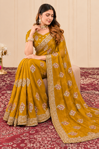 Vexotrend India Pakistan Premium <b>Velvet</b> Satin Traditional Customization <b>Saree</b> Women Embroidery Swarovski Jarkan Wrinkle-Free - Product Image 3