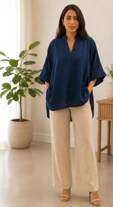 Ocean Blue Woven Solid Dupion Silk Loose V-<b>Neck</b> Top - Product Image 2