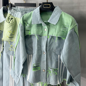 Unisex Streetwear Denim Tracksuit Set Green Star <b>Patchwork</b> <b>Jacket</b> Pants Full Sleeve Regular Fit Autumn Casual Wear Eco-Friendly - Product Image 5