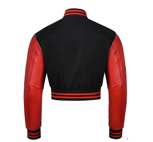 <b>Men's</b> Black <b>Red</b> PU <b>Leather</b> Varsity <b>Jacket</b> Stand Collar Button Closure Casual Short Sleeve Autumn Wear - Product Image 2