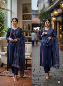 Conjunto de Kurti Azul Marino de Algodón Puro con Estampado a Mano, Dupatta de Algodón Mul y Adornos de Espejo - Product Image 2