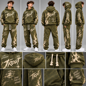 Conjunto de chándal de invierno para hombre con capucha, lavado a la piedra, patchwork, de algodón grueso, estilo urbano, transpirable y de ajuste holgado - Product Image 6
