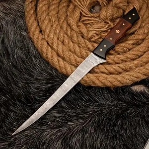 Cuchillo de filetear de 12 pulgadas hecho a mano de acero de Damasco con hoja dentada de punta caída, mango de madera y hueso, con funda de cuero - Product Image 6
