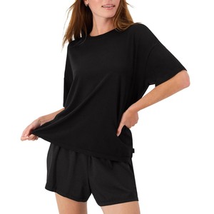 Women's Black 2-Piece <b>Knitted</b> <b>Set</b> O-Neck Short Sleeve Top With Pocket Above Knee Shorts Casual Breathable Spring Summer Wear - Product Image 5