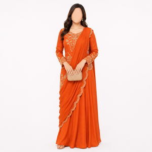 Dernière collection de Kurtis de créateur orange prêts à porter, brodés, à séchage rapide, longueur ras du sol, coupe classique, en tissu Banarasi de qualité supérieure, pour Diwali et mariages - Product Image 1