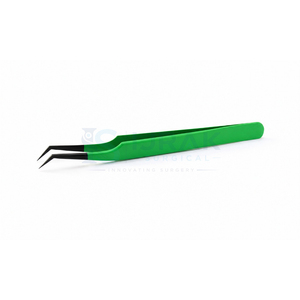 Pinzas de Precisión para Pestañas de Acero Inoxidable con Mango Verde y Punta Angulada a 45 Grados - Product Image 1