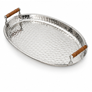 Hammered Metal Serving <b>Tray</b> Set with Golden Floral Handle Design Stainless Steel <b>Round</b> <b>Tray</b> for Hotel Catering Wholesale Price - Product Image 5