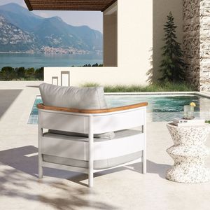 Poltrona da Patio Rhodes 29 Pollici Imbottita in Teak e Alluminio con Rivestimento in Ciniglia Grigio Betulla, Elegante Arredo da Esterno - Product Image 3