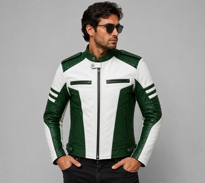 Blouson moto homme en cuir véritable vert et blanc, col montant, fermeture éclair, coupe ajustée, style automne - Product Image 1