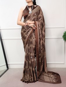 Sari Negro con Estampado Geométrico, Diseño de Un Solo Hombro, Elegante, Largo hasta el Suelo, de Secado Rápido, para Todas las Estaciones, para Bodas, Estilo India-Pakistán - Product Image 2