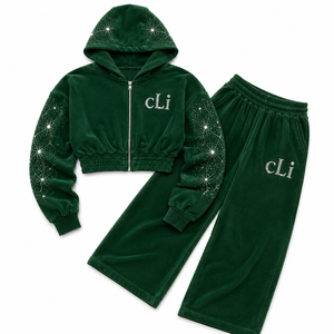 High Quality Y2K Rhinestone <b>Cropped</b> Zip Hoodies Tracksuit baggy <b>Joggers</b> Custom Crystal Logo Heavy Fleece Cotton Women Streetwear - Product Image 4