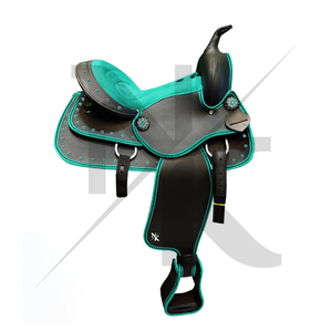 Silla de Montar Western de Cuero de Primera Calidad para Equitación, Equipo de Montura para Caballos, Color Negro y Verde Azulado, Herrajes Niquelados - Product Image 6