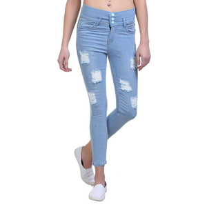 Jean slim ajusté pour femme de haute qualité, personnalisable, fabriqué au Bangladesh, couleur unie, délavé avec décoration en dentelle brodée - Product Image 1