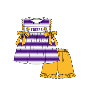 Set coordinato personalizzato per fratelli, viola a righe, completo a maniche corte per neonati, include vestito per bambino e tutina per bambina. - Product Image 5