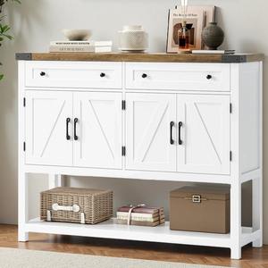 Mesa Consola Blanca con Espejo, Gabinetes de Almacenamiento y Cajones, Aparador Moderno Estilo Rústico para Entrada, Mueble de Hotel - Product Image 6