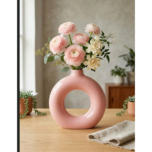 Nordic Minimalist White <b>Ceramic</b> Donut <b>Vase</b> Hollow Circular Flower Pot Modern Aesthetic Round <b>Vase</b> for Pampas Grass Wedding Table - Product Image 4