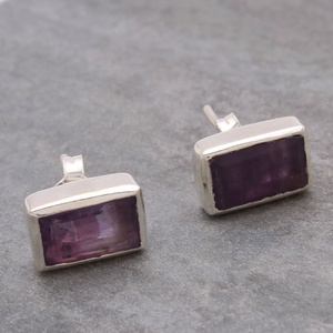 Natural Amethyst Purple Bezel set Rectangular <b>Stud</b> Earrings Gemstone Sterling <b>Silver</b> Handmade Birthstone <b>Studs</b> - Product Image 3