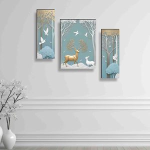 Ensemble de sculptures murales rondes en métal géométrique moderne avec des cerfs et des oiseaux en tons or et blanc pour la décoration du salon - Product Image 3