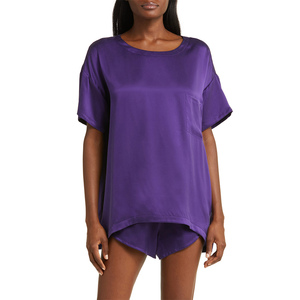 Conjunto de Pijama de Dos Piezas de Manga Corta en Color Personalizado, Ropa de Dormir de Seda y Satén Cómoda, Diseño Personalizado, Pantalones y Camiseta para Mujer - Product Image 1