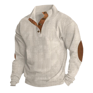 Pull en tricot côtelé à col boutonné avec détails de patchs aux coudes, tissu texturé doux, style décontracté chic pour tous les jours - Product Image 1