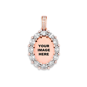 Pendentif photo ovale en or rose avec diamants baguette et halo, breloque commémorative vierge plaqué or 14K 18K avec zircon cubique, gravure personnalisée - Product Image 1