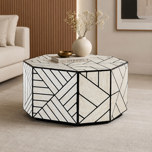 Modern MOP Inlay Handmade Round Wood Coffee <b>Table</b> <b>White</b> Black Geometric Living Room Furniture Center <b>Table</b> for Hotel - Product Image 4