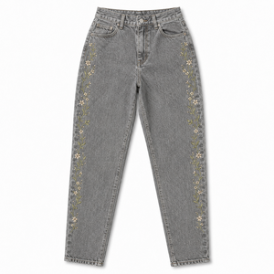 Jeans Acampanados con Bordado Floral en Degradado Azul y Negro para Mujer, Cintura Alta, Elásticos, Lavado Claro Vintage, Casuales, Otoño Invierno, Estilo Urbano - Product Image 5