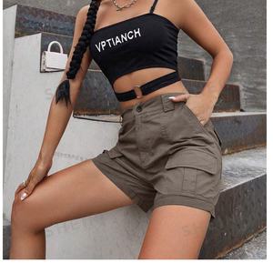 2024 nuevo estilo cargo color sólido cintura elástica bolsillo pantalones mujeres cadera levantamiento casual diseño profesional pantalones cortos cargo - Product Image 2