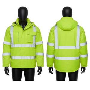 <b>Men</b> Work <b>Jacket</b> 300 GSM Polyester Oxford Fabric Hi Vis Lime Reflective Tape Hooded Warm <b>Utility</b> Safety <b>Jacket</b> Custom Logo Outer - Product Image 1