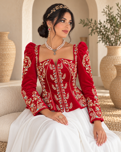 Blusa de terciopelo rojo para mujer, bordada, con mangas acampanadas, manga larga, con cuentas doradas florales, top holgado, elegante, de poliéster, de lujo, especial - Product Image 4
