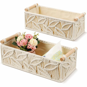 Juego de 2 Cestas de Almacenamiento de Macramé de Algodón para Organización del Hogar, Cesta Decorativa de Cuerda Tejida con Asas para Decoración del Hogar - Product Image 1