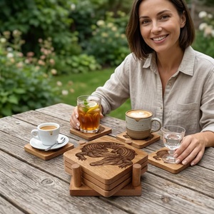 Juego de Posavasos de Madera Hechos a Mano con Diseño de Cocodrilo, Cuadrados, Rústicos, con Acabado de Madera Natural, Artesanía Tradicional, 10 cm de Diámetro - Product Image 2