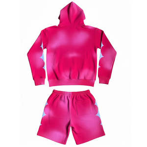 Oferta Especial: Conjunto de Sudadera con Capucha y Pantalones Cortos Unisex, Estilo Urbano, Color Rosa Lavado al Ácido, Efecto Desgastado por el Sol, 100% Algodón - Product Image 3