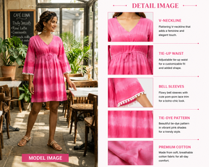 Tie Dye Rayon <b>Kaftan</b> Dress Boho <b>Summer</b> Mini Dress V Neck Flare Sleeve Drawstring Waist Pink Women Wear - Product Image 2