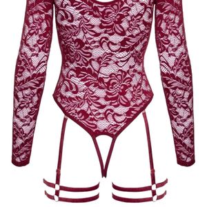 Body en dentelle rouge pour femme avec découpes, lingerie sexy transparente à manches longues, col montant et jarretelles - Product Image 6