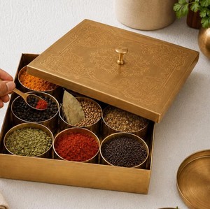 Modern Iron Spice Organizer <b>Box</b> with Engraved Lid Multipurpose Kitchen Storage Container for Spices Square Iron Masala Dabba - Product Image 4
