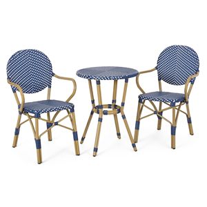 Ensemble bistrot français 3 pièces en rotin PE et aluminium pour extérieur, finition bambou blanc et vert sarcelle foncé, mobilier de patio élégant - Product Image 2