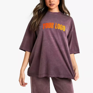 T-shirt ample à col rond pour femme, manches trois quarts, violet, coupe ample, tissu jersey 100% coton, logo imprimé, toutes saisons - Product Image 1