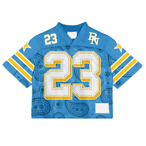 Camiseta de Fútbol Americano Azul de Malla 100% Poliéster para Hombre, Manga Corta, Cuello en V, Estampado Paisley, Transpirable, Antibacteriana, de Secado Rápido - Product Image 1