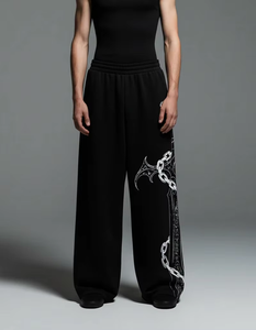 Pantalones Anchos Negros para Hombre, Cintura Elástica, Estampado Digital, Estilo Urbano, Tejido de Punto Transpirable de Peso Medio - Product Image 4