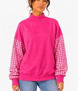 Sweat-shirt à col roulé turquoise avec manches à carreaux, coupe classique, en coton tricoté, haut décontracté d'automne, confortable pour tous les jours - Product Image 3